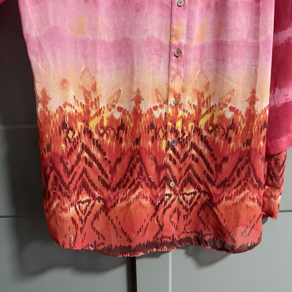 Chico’s Women Semi Sheer Button Up Abstract Print L/S Blouse 2(US L) Multicolor - Picture 2 of 6